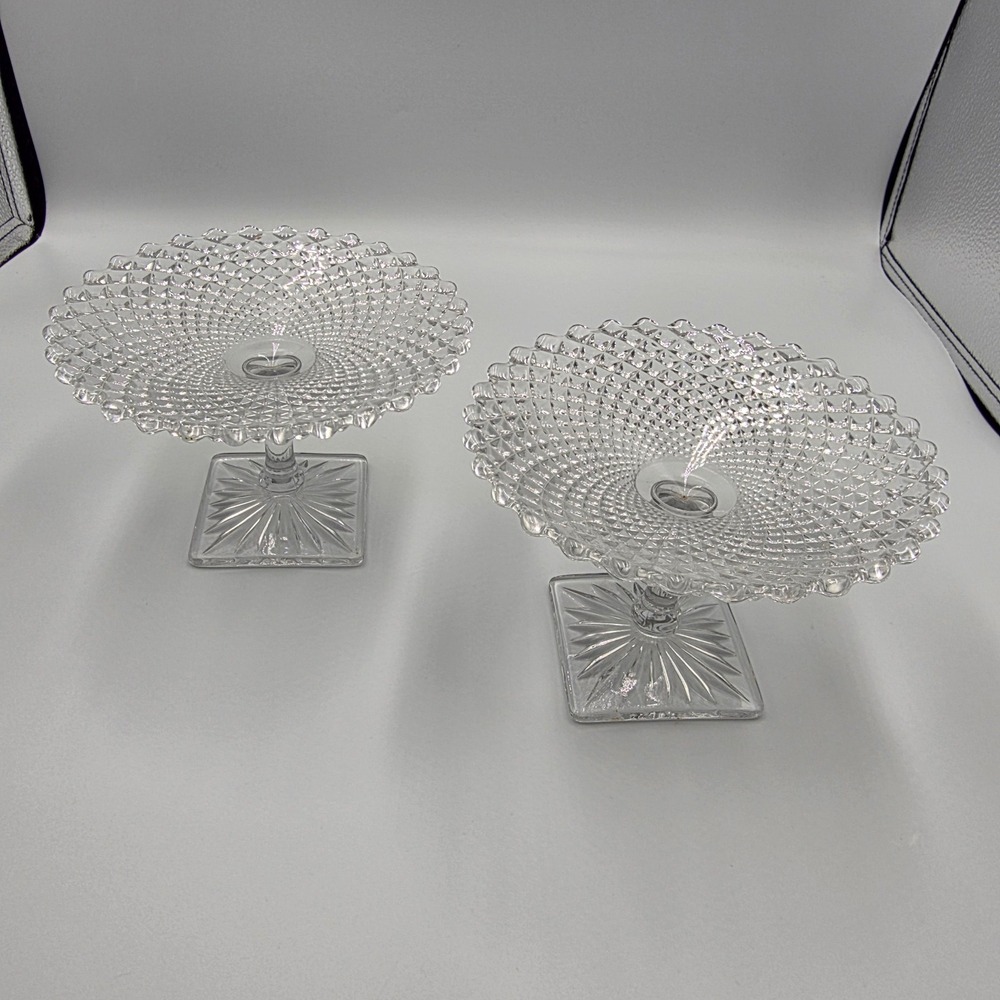 Vintage Clear‎ Pressed Glass Compote Dish Set Diamond Point Square Base 2pc
